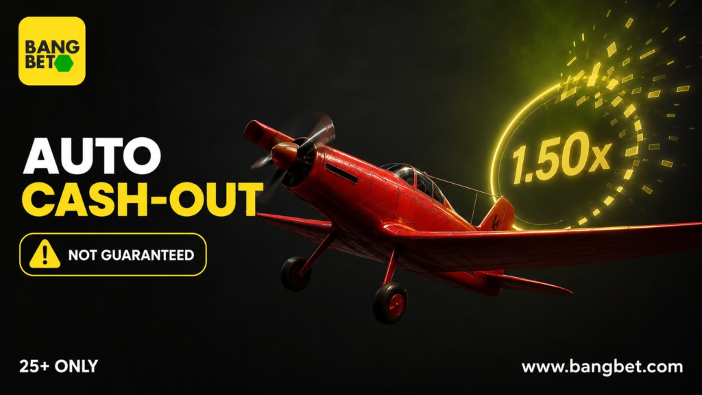 Red aircraft approaching a 1.50x auto cash-out target on a Bangbet Uganda graphic.