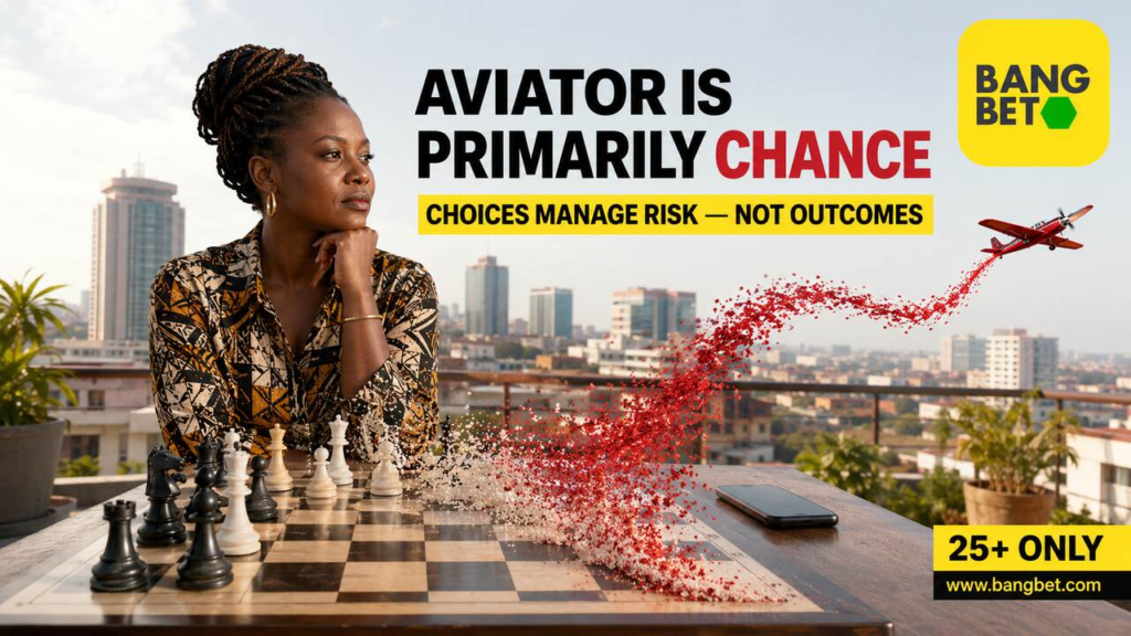 Ugandan woman at a chessboard illustrating Aviator as primarily chance-based.