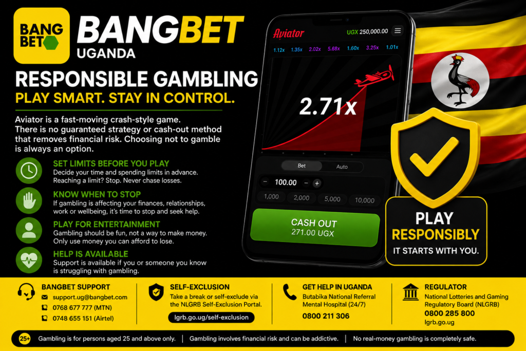 Bangbet Uganda Aviator responsible gambling graphic with 25+ warning and support information.