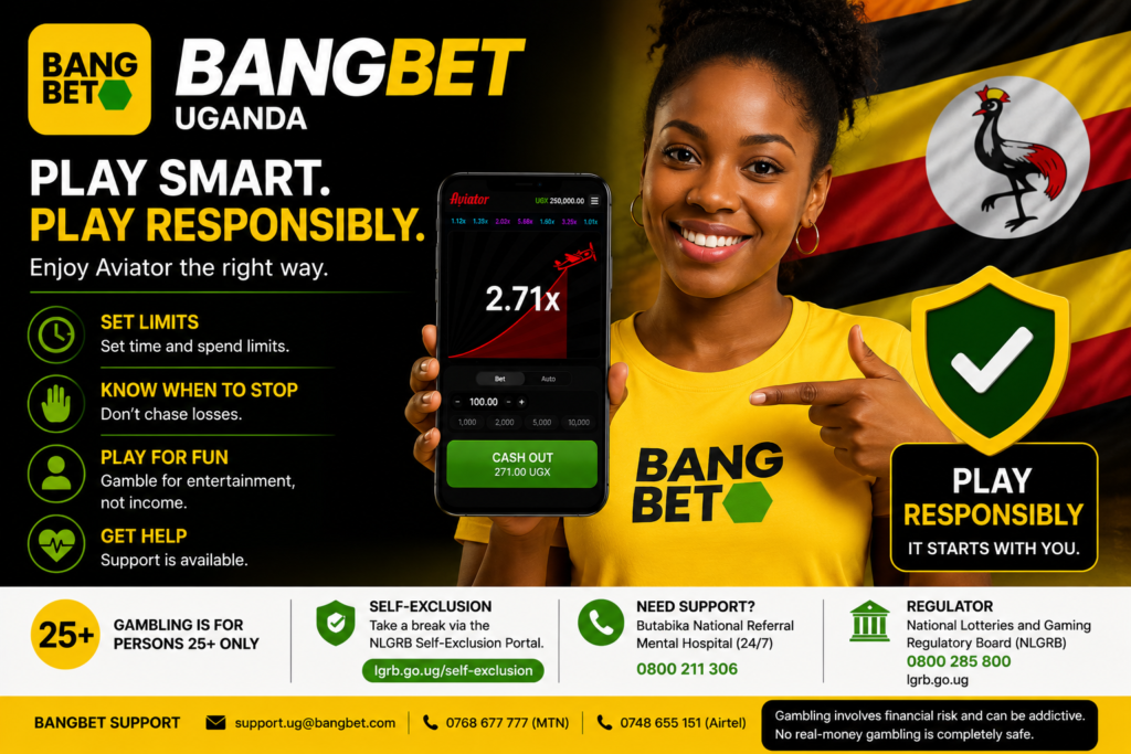 Woman promoting responsible Aviator gambling with Bangbet Uganda, featuring a 25+ warning and player support information.