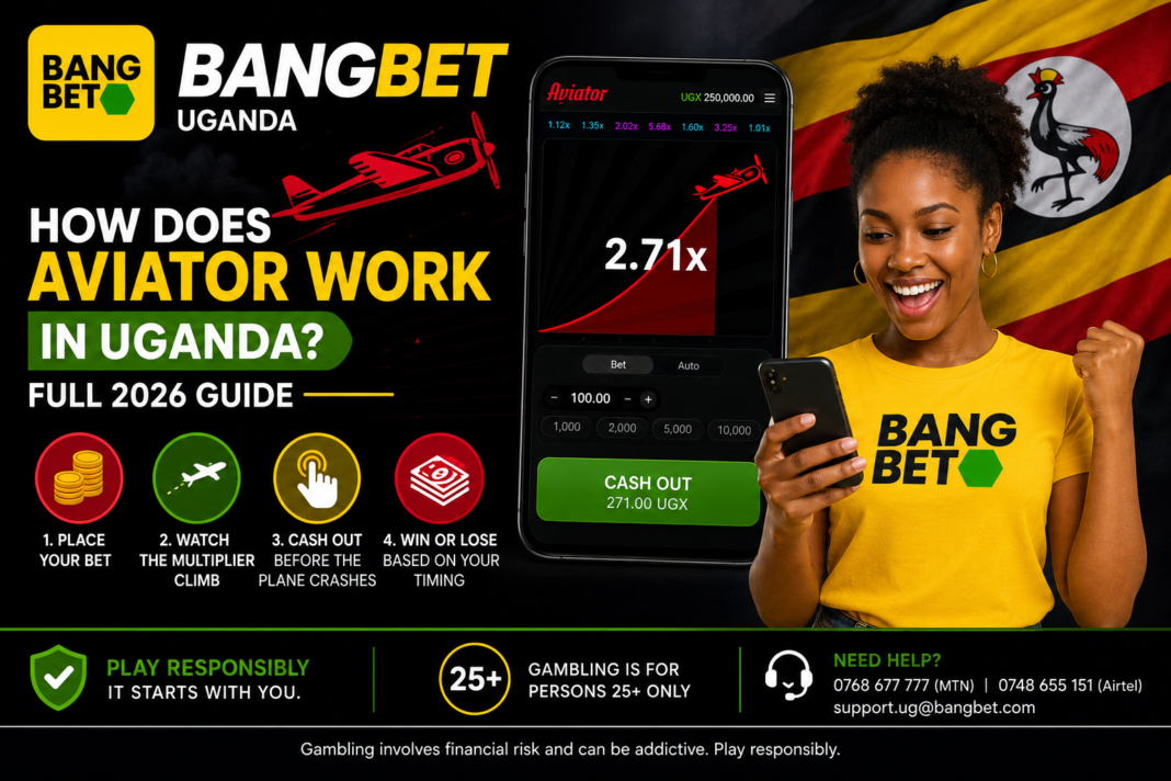 Bangbet Uganda Aviator guide showing a player, multiplier, cash-out feature and 25+ responsible gambling notice.