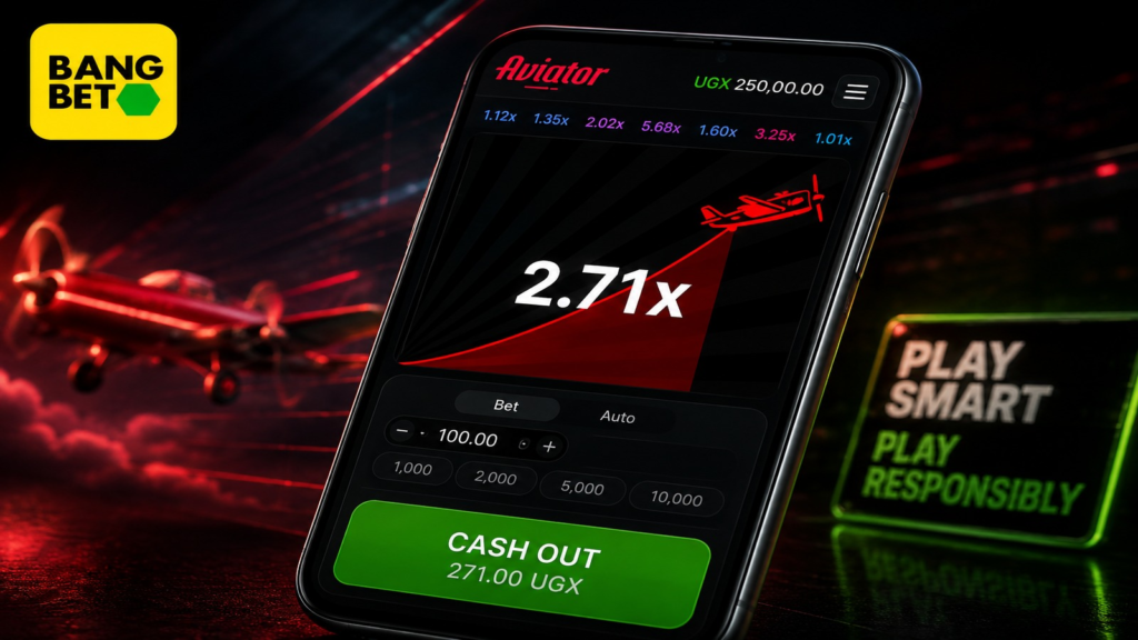 Smartphone displaying the Aviator game interface alongside the Bangbet logo and responsible gambling message.