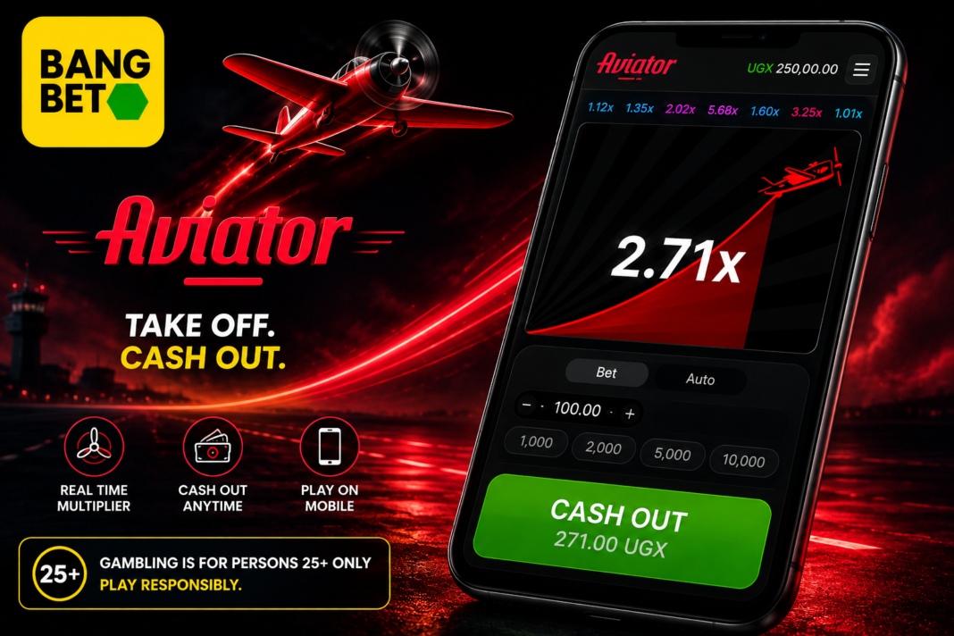 Bangbet Uganda Aviator graphic showing a mobile game interface, red plane and 25+ responsible gambling notice.