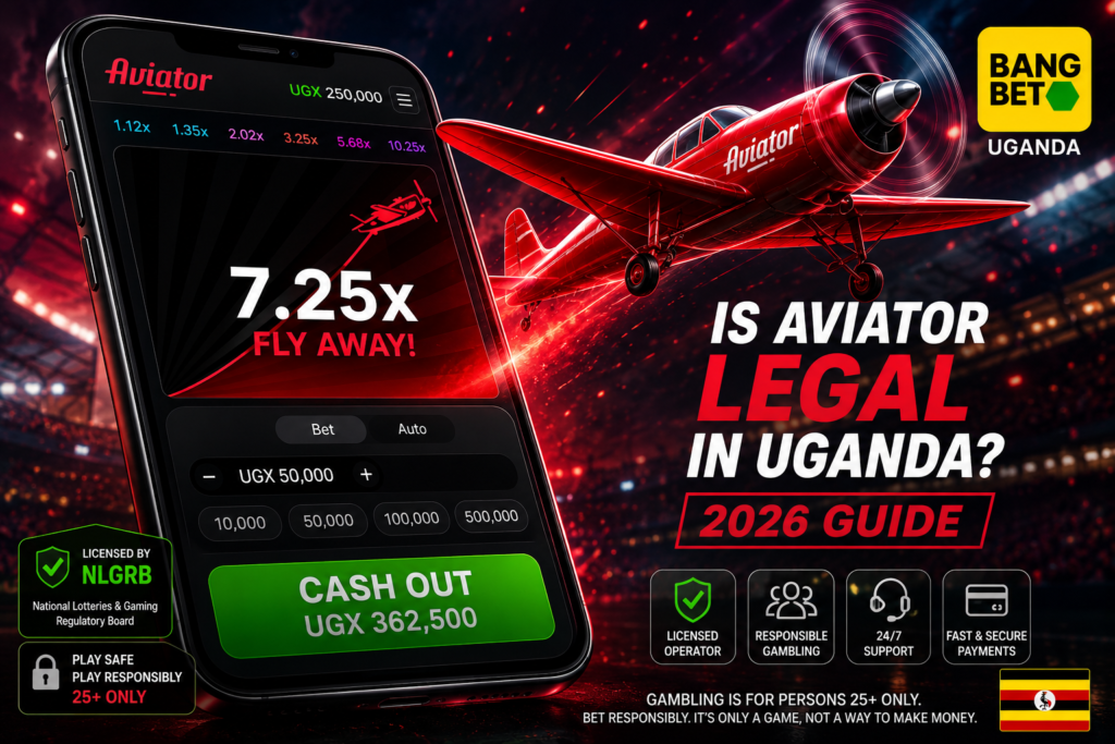 Bangbet Uganda Aviator graphic featuring a large smartphone with the crash game interface, red Aviator plane, Uganda flag and 2026 legal guide branding.