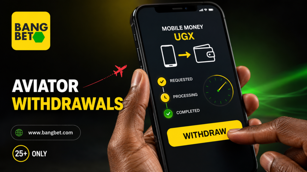 Hand holding a phone showing Aviator Mobile Money withdrawal stages.