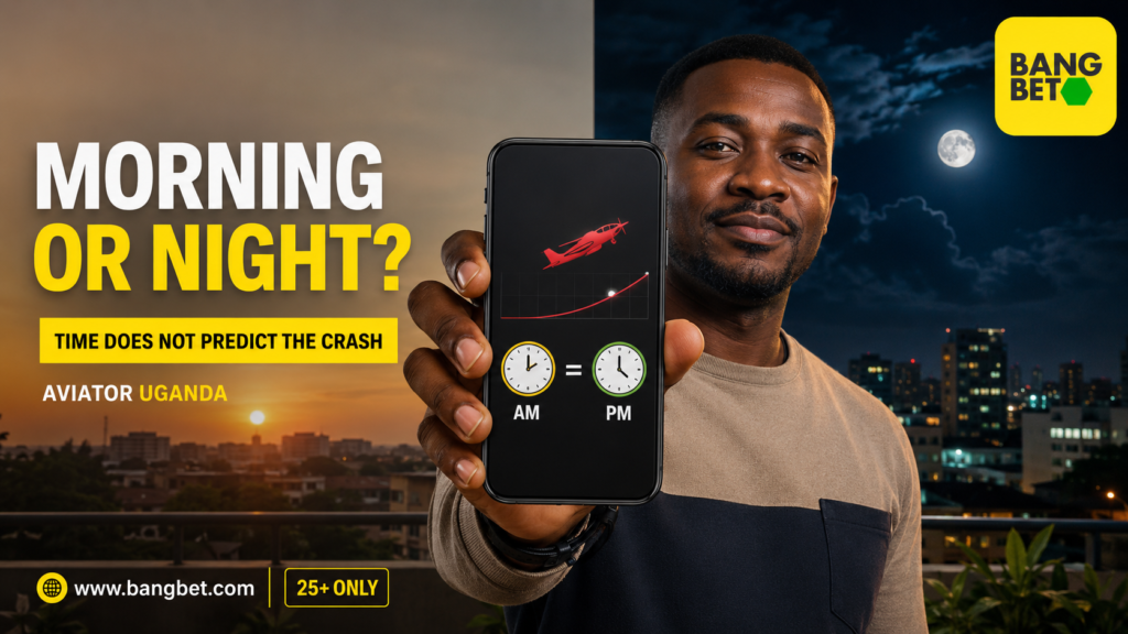 Ugandan man holds a phone showing an Aviator plane and equal AM and PM clocks.