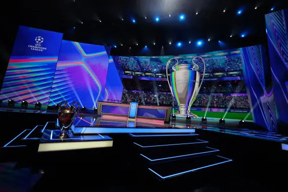 UEFA Champions League trophy displayed ahead of the 2026/27 league-phase draw.