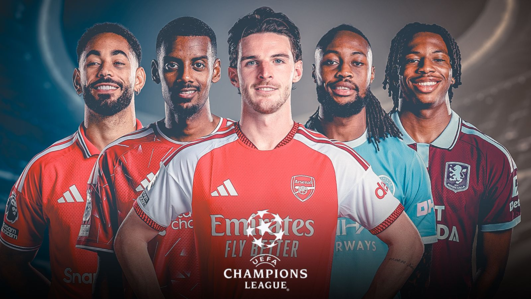 Graphic showing five players in Liverpool, Manchester United, Arsenal, Manchester City and Aston Villa shirts above the UEFA Champions League logo.
