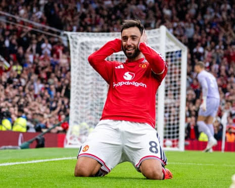 Bruno Fernandes celebrates after completing his hat-trick for Manchester United against Ipswich Town at Old Trafford.