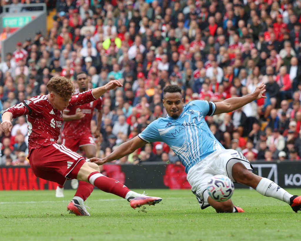 Liverpool winger Victor Muñoz shoots to score the equalising goal against Nottingham Forest at Anfield.