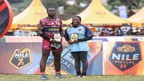 Yusuf Ssemakula of Rams RFC and Gertrude Kateesa of Thunderbirds RFC pose with their Unmatched MVP awards during the 2026 Kyadondo 7s tournament.