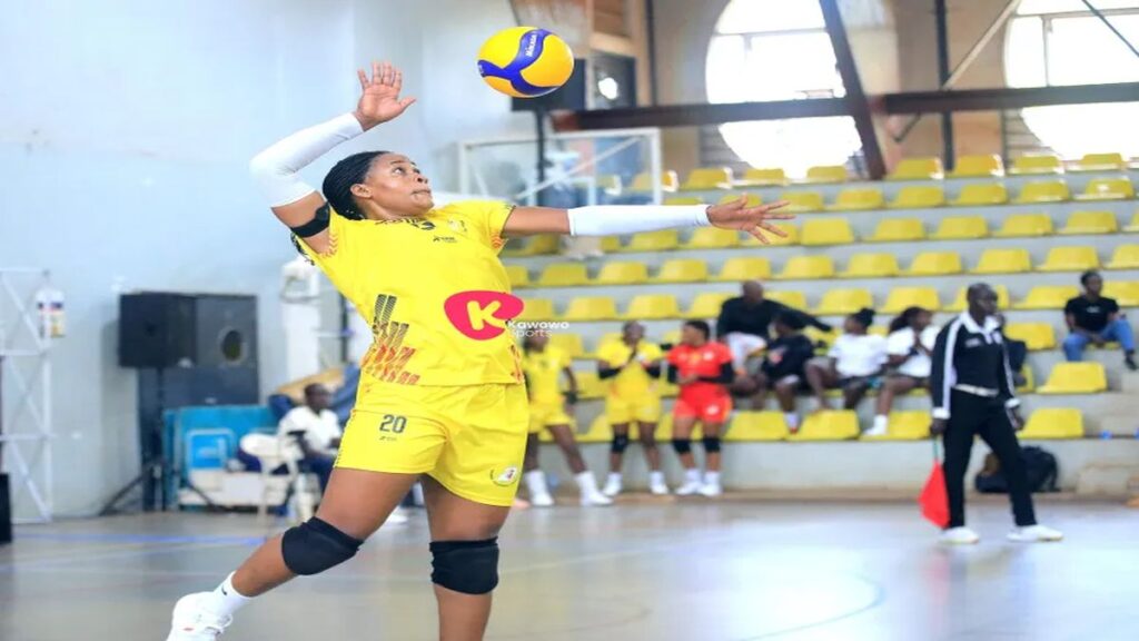 Catherine Ainembabazi of Uganda’s Lady Volleyball Cranes jumps to play the ball during a volleyball match at the African Nations Championship.