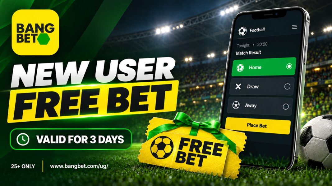t: Bangbet free-bet graphic featuring the official logo, a phone with Home, Draw and Away options, and a three-day validity notice.
