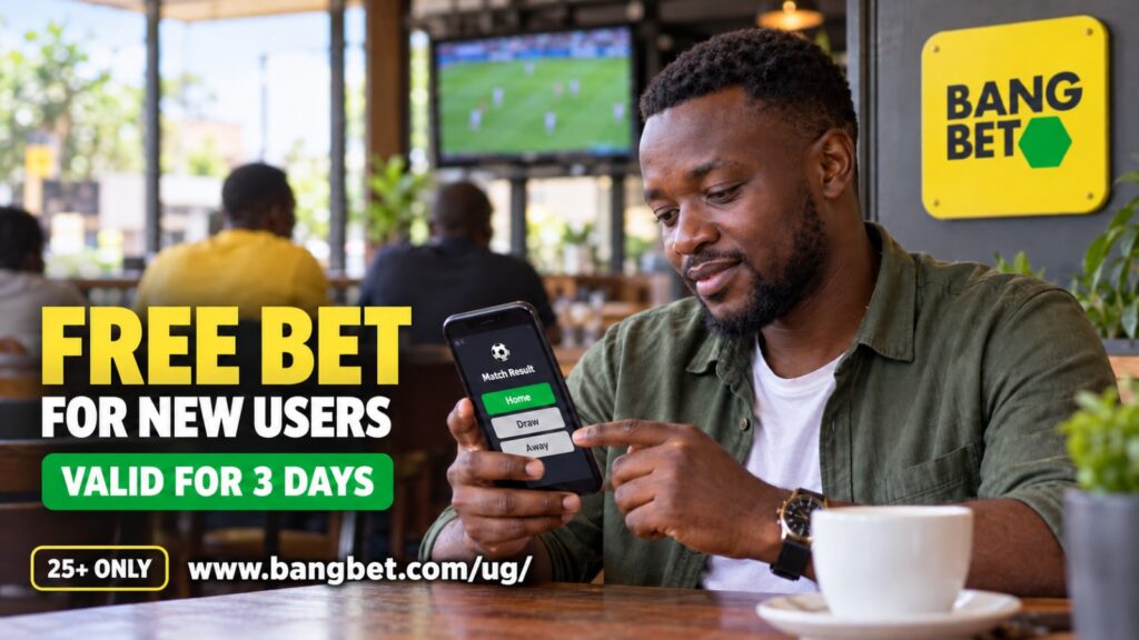 AI-generated adult viewing Home, Draw and Away free-bet options on a smartphone beside Bangbet branding and a 25+ notice.