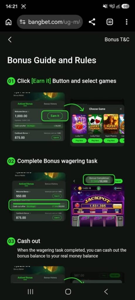 Mobile screenshot of the Bangbet Bonus Guide and Rules page showing three steps: tap “Earn It” and select games, complete the bonus wagering task, then cash out the qualified bonus balance.