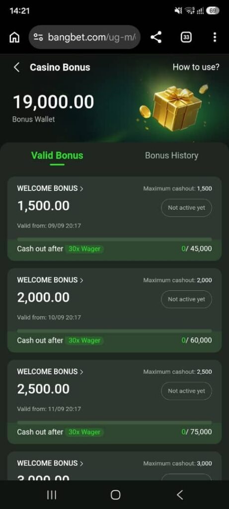 Mobile screenshot of a UGX 19,000 Bangbet Bonus Wallet showing welcome bonuses of UGX 1,500, UGX 2,000 and UGX 2,500, each with a 30x wagering requirement and maximum cash-out limit.