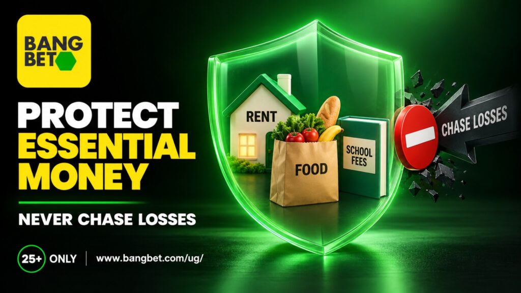 Bangbet graphic showing rent, food and school fees protected by a green shield from an arrow marked “Chase Losses,” with the website and 25+ notice.