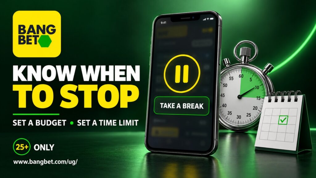 Bangbet responsible-gambling graphic featuring a phone displaying “Take a Break,” a stopwatch and calendar beside the words “Know When to Stop,” with the website and 25+ notice.