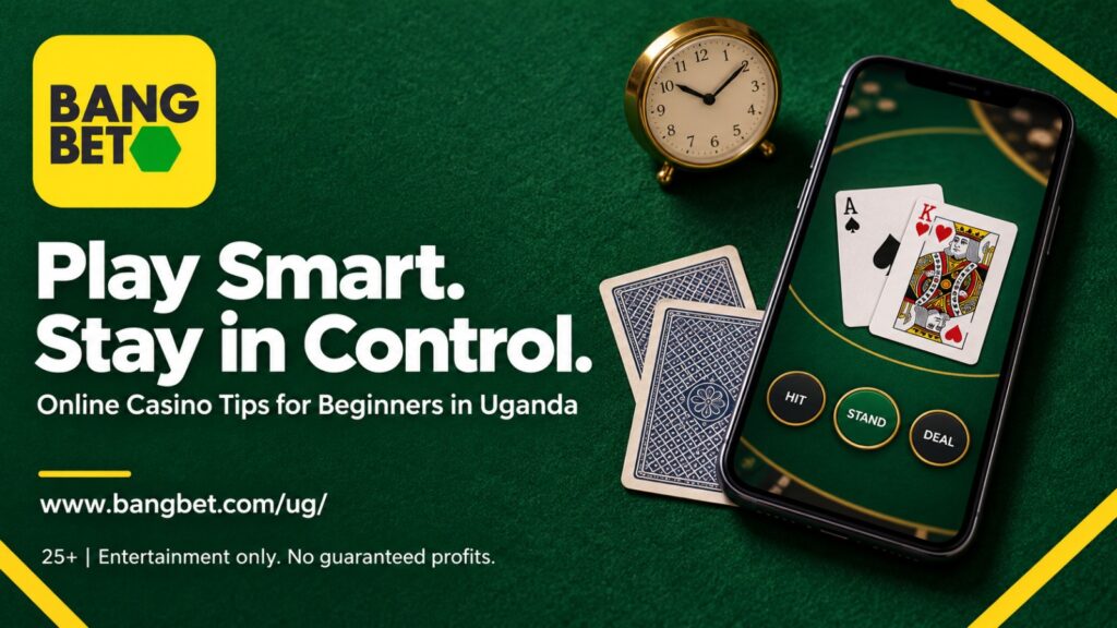 Bangbet logo on a green background beside a smartphone displaying playing cards, a clock and the message “Play Smart. Stay in Control.” Website and 25+ responsible-play reminder below.