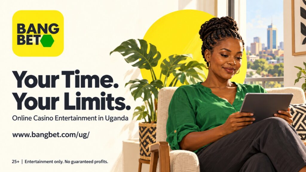 Illustration of a woman using a tablet beside the Bangbet logo and “Your Time. Your Limits.” headline, with the Uganda website and a 25+ responsible-play reminder.