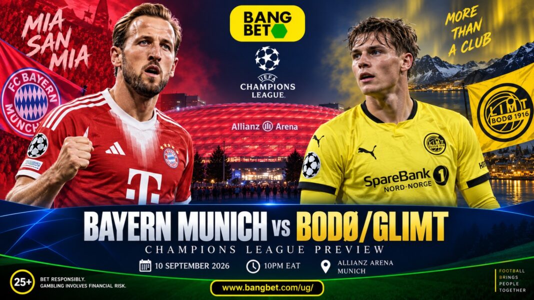 Bayern Munich and Bodø/Glimt players featured on a Bangbet Uganda Champions League match preview graphic for their 10 September 2026 fixture at Allianz Arena.