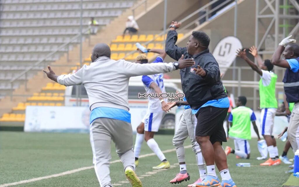 Police FC coaches Ibrahim Abdulrahman and Stephen Billy Kiguddu react on the touchline while protesting a referee’s call.