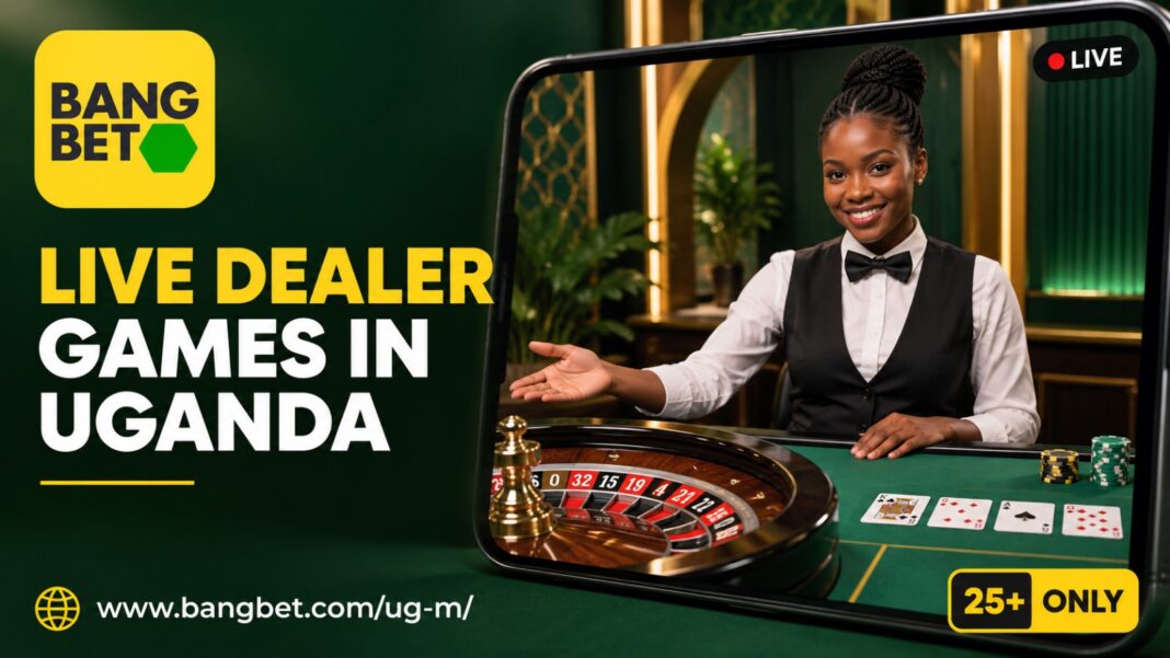Bangbet Uganda live dealer games graphic featuring an African casino dealer, roulette table, official logo and 25+ notice.