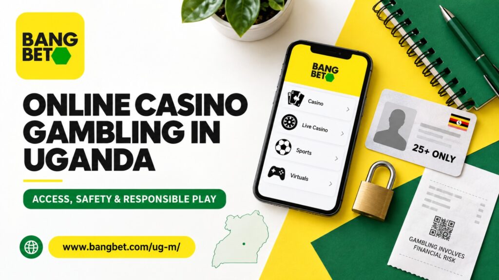 Bright Bangbet Uganda graphic featuring a smartphone, identification card, padlock, Uganda map, 25+ restriction, responsible-gambling warning and website domain.