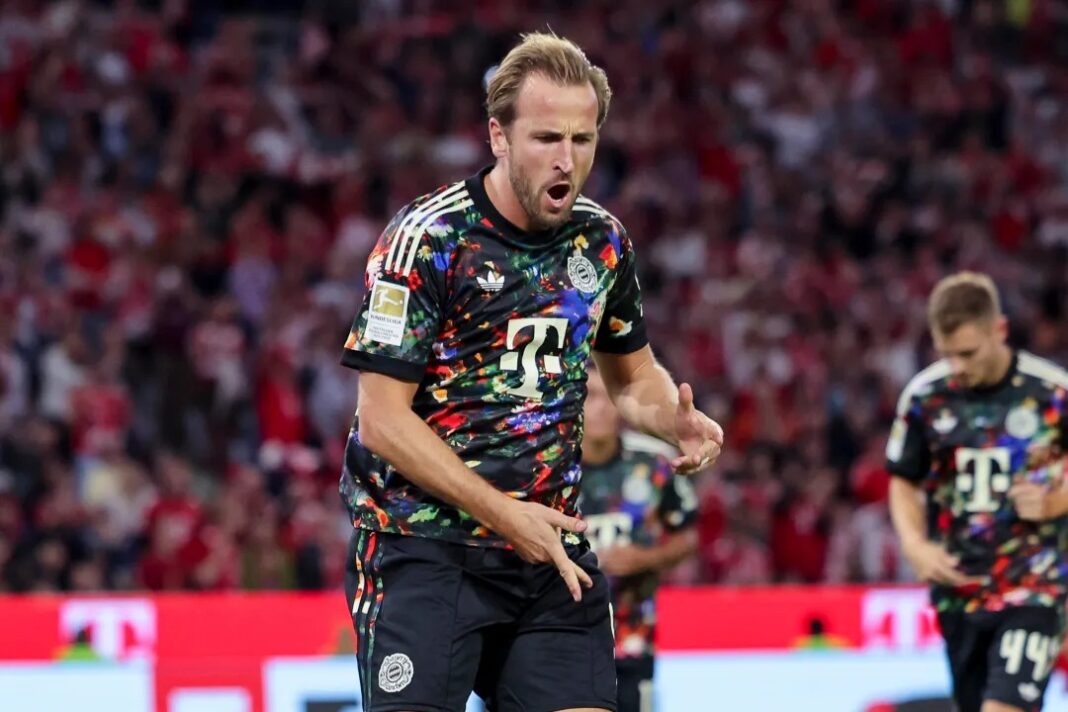Harry Kane of Bayern Munich celebrating after scoring his team's second goal against Union Berlin.