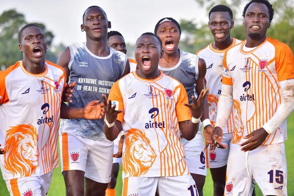 Gomba Ssaza players celebrating a goal during their match against Buddu at Kabulasoke PTC grounds.