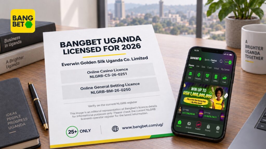 Bangbet licence details beside branded online casino display.