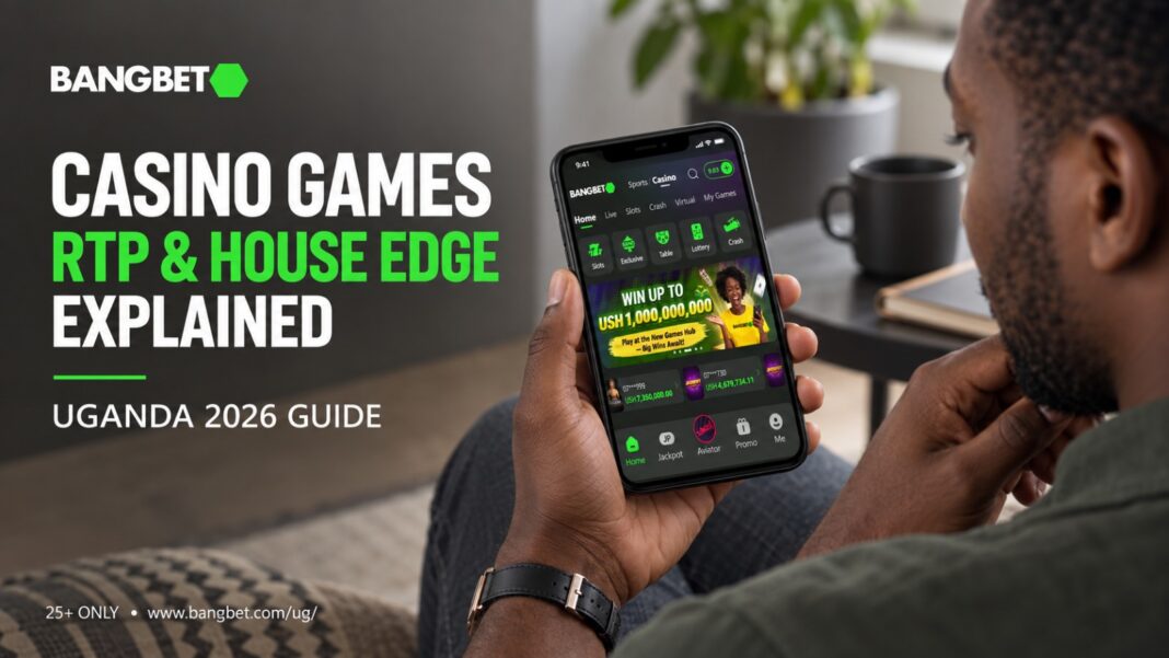 Ugandan adult views Bangbet casino games on smartphone.