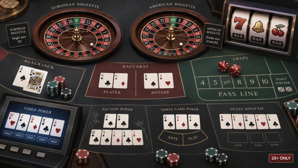 Illustrated games feature roulette, cards, dice and slots.