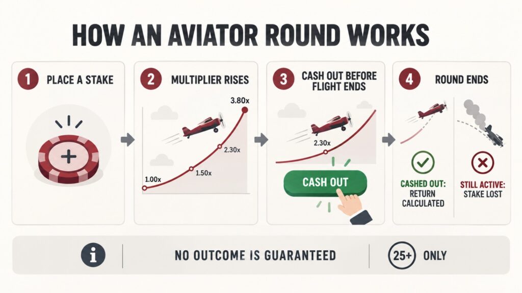 Diagram shows Aviator stake, multiplier, cash-out and ending.