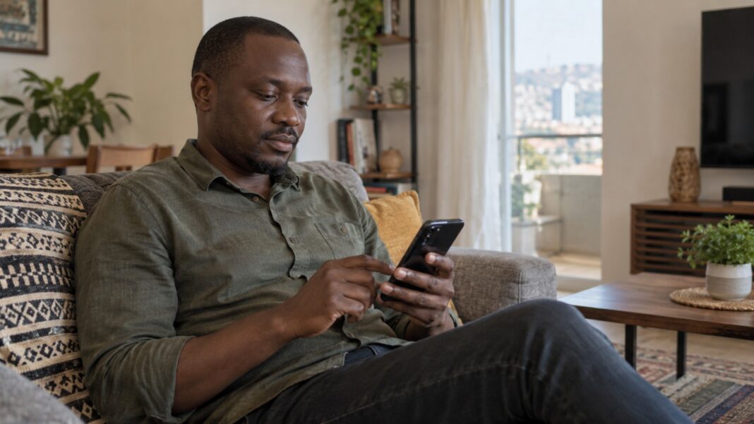 Ugandan man aged over 25 calmly looking at a smartphone while seated in a naturally lit Kampala living room.