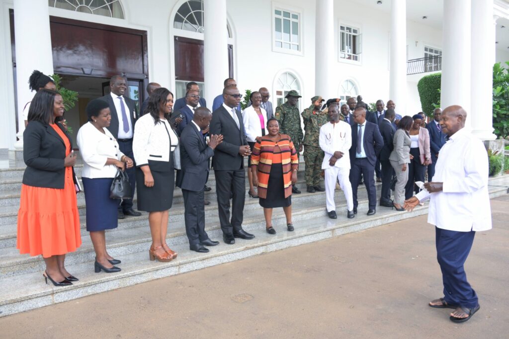 CAF Secretary General Samson Adamu and Uganda's AFCON 2027 Task Force, led by PM Robinah Nabbanja, meeting the President at State House Entebbe.