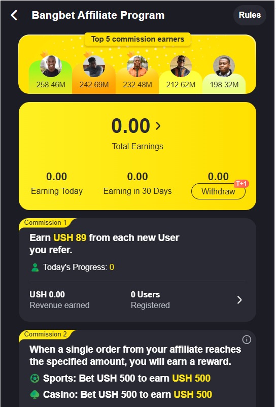 Bangbet Affiliate Programme screen showing commissions and withdrawal.