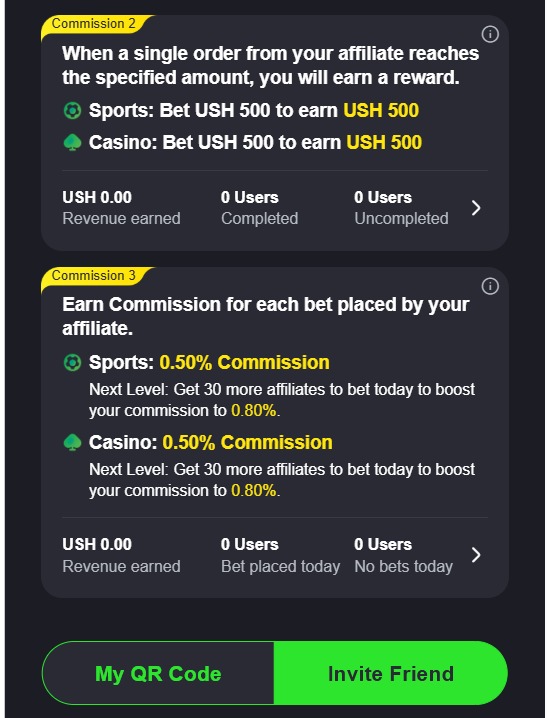 Affiliate dashboard showing sports and casino commission levels.