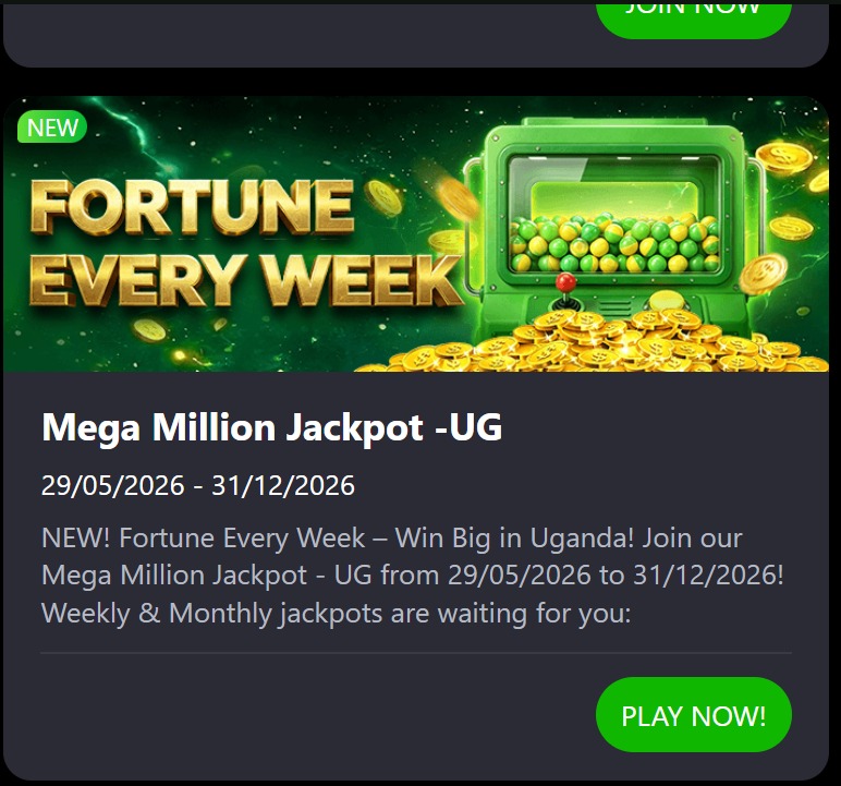 Bangbet Fortune Every Week Uganda promotion information card.