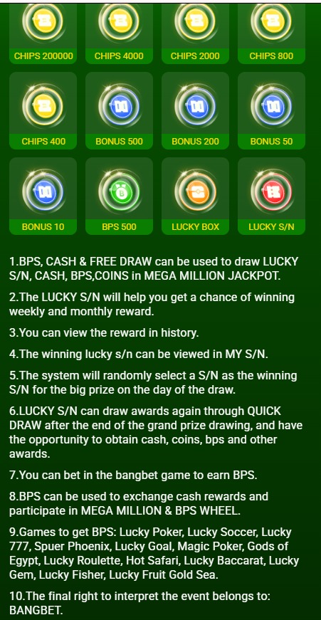 Mega Million Jackpot rules showing chips, bonuses and Lucky S/N.