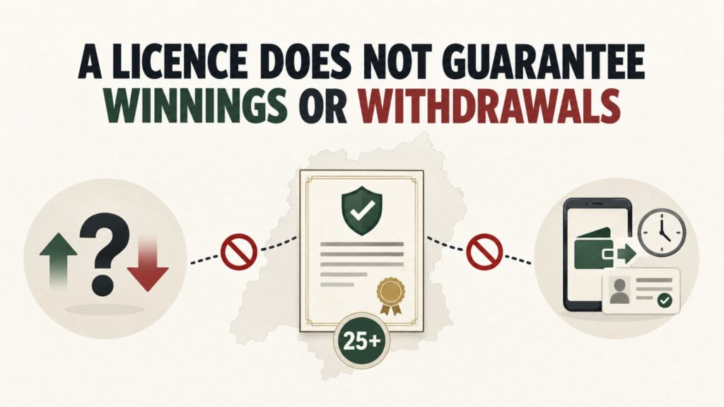 Editorial infographic showing a gambling licence separated from uncertain winnings and verified withdrawal processing, with a 25-plus restriction.