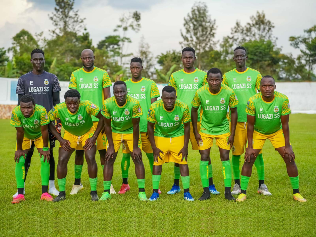 Eleven Lugazi FC players wearing green and yellow kits pose in two rows on the pitch before a Uganda Premier League match.