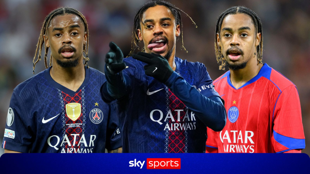 Composite image showing Bradley Barcola in three different Paris Saint-Germain kits before his transfer to Liverpool.