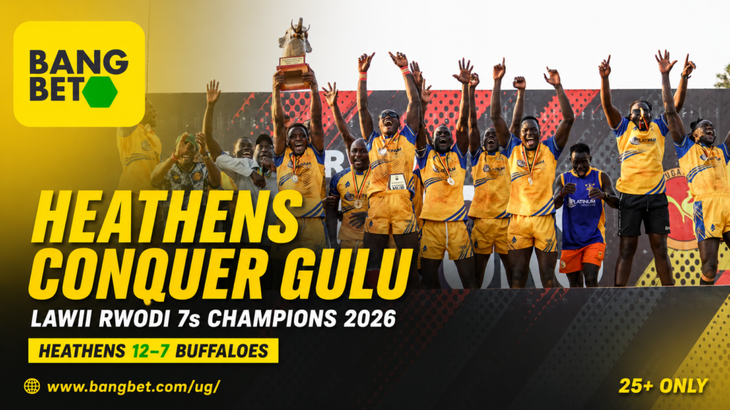 Bangbet story graphic showing Heathens players raising the Lawii Rwodi 7s trophy alongside the final score, Heathens 12-7 Buffaloes.