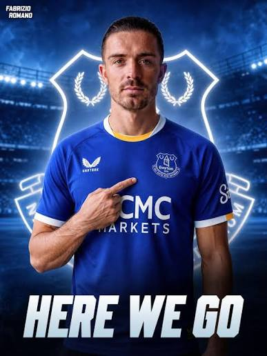 Transfer graphic showing Jack Grealish pointing to the Everton badge on a blue shirt above the words “Here We Go.”