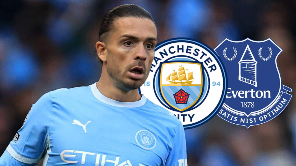 Transfer graphic featuring Jack Grealish in a Manchester City shirt with the Manchester City and Everton crests behind him.