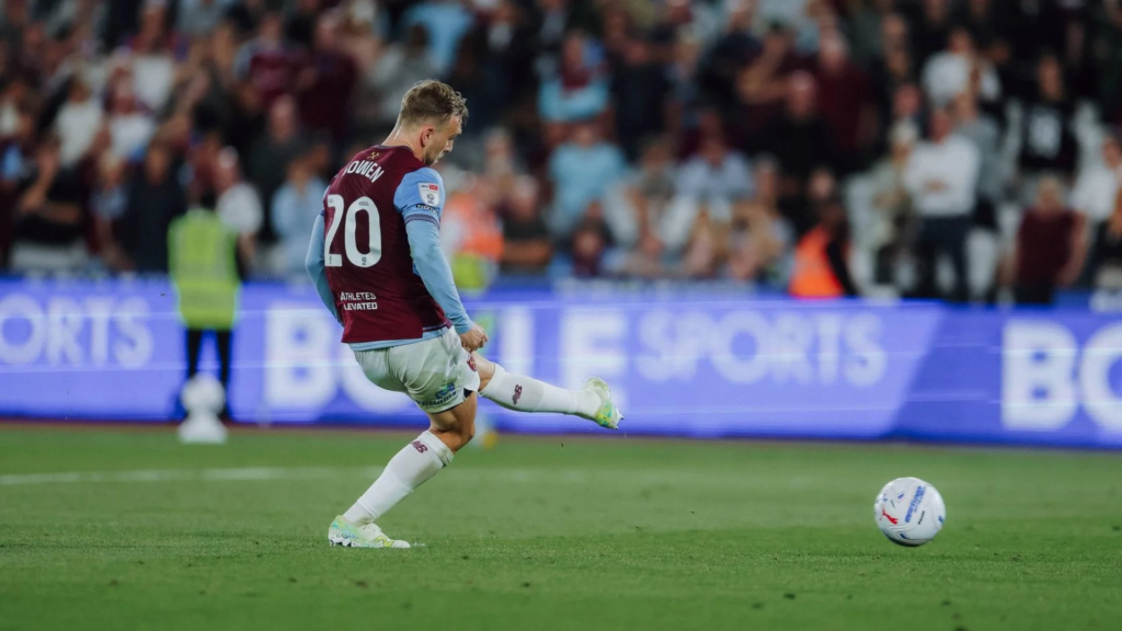 Jarrod Bowen takes a penalty for West Ham at London Stadium