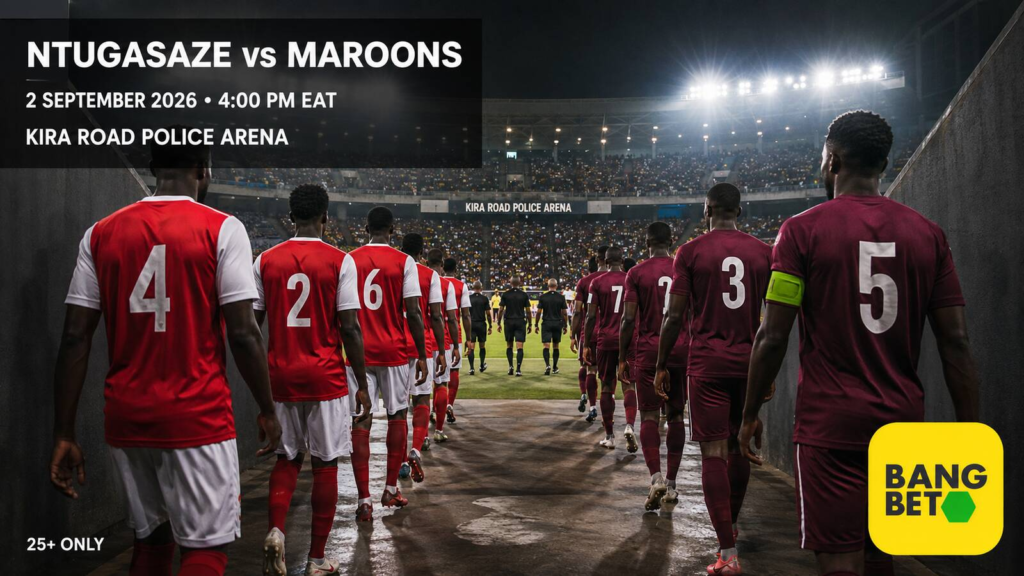 Ntugasaze versus Maroons FC match graphic showing players walking towards a floodlit pitch.