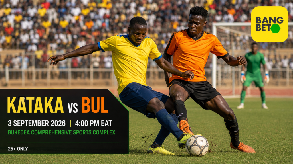 Graphic of fictional Kataka and BUL players challenging for the ball.