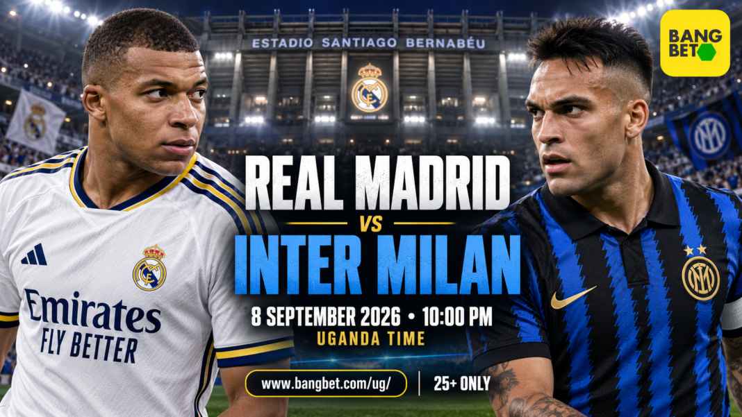 Real Madrid vs Inter Milan Champions League match poster featuring Mbappé, Lautaro Martínez and the Bangbet Uganda logo.